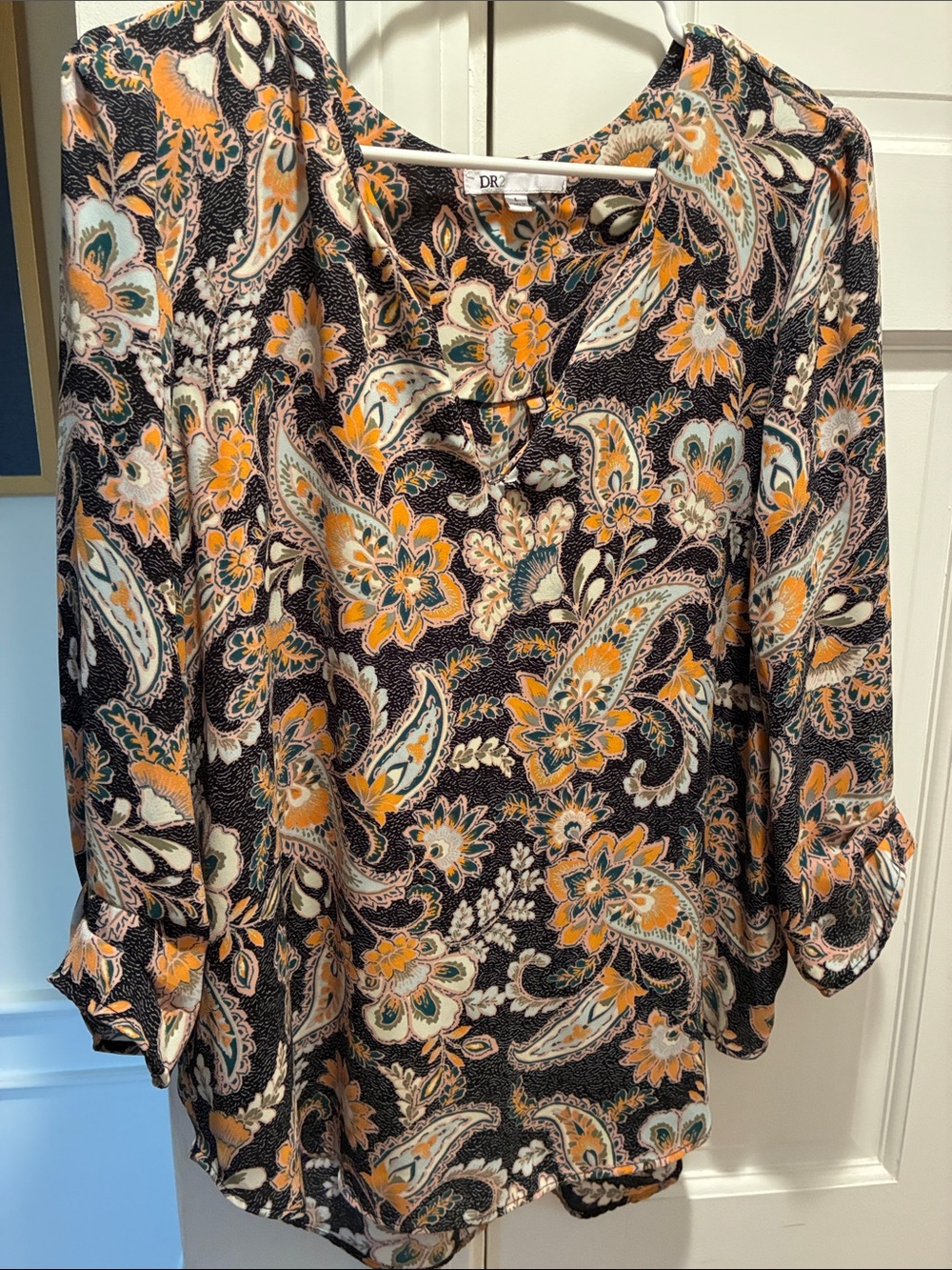 DR2 Black Paisley Floral Long-Sleeve Blouse with Orange Accents